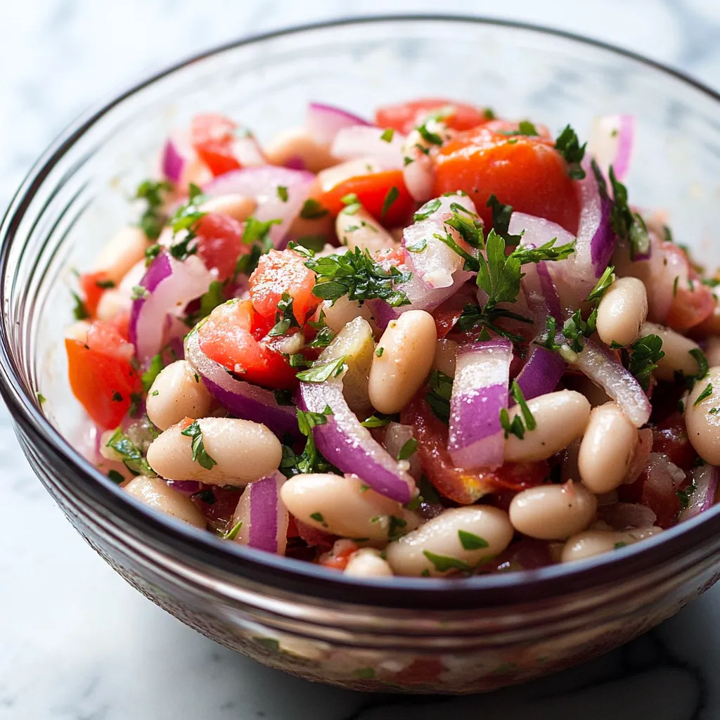 Un bol de salade avec tomates, haricots et oignons.