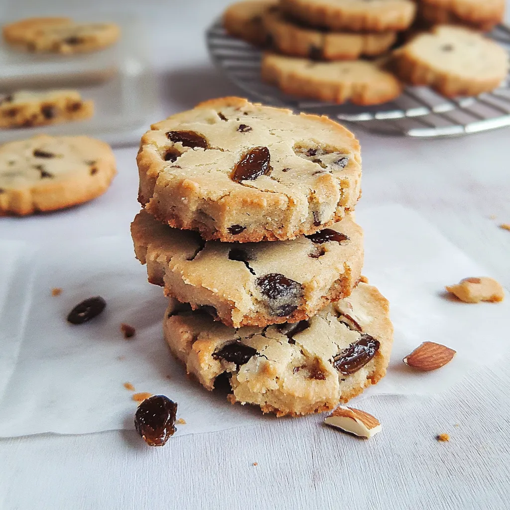 Des biscuits empilés avec quelques raisins sur le dessus.