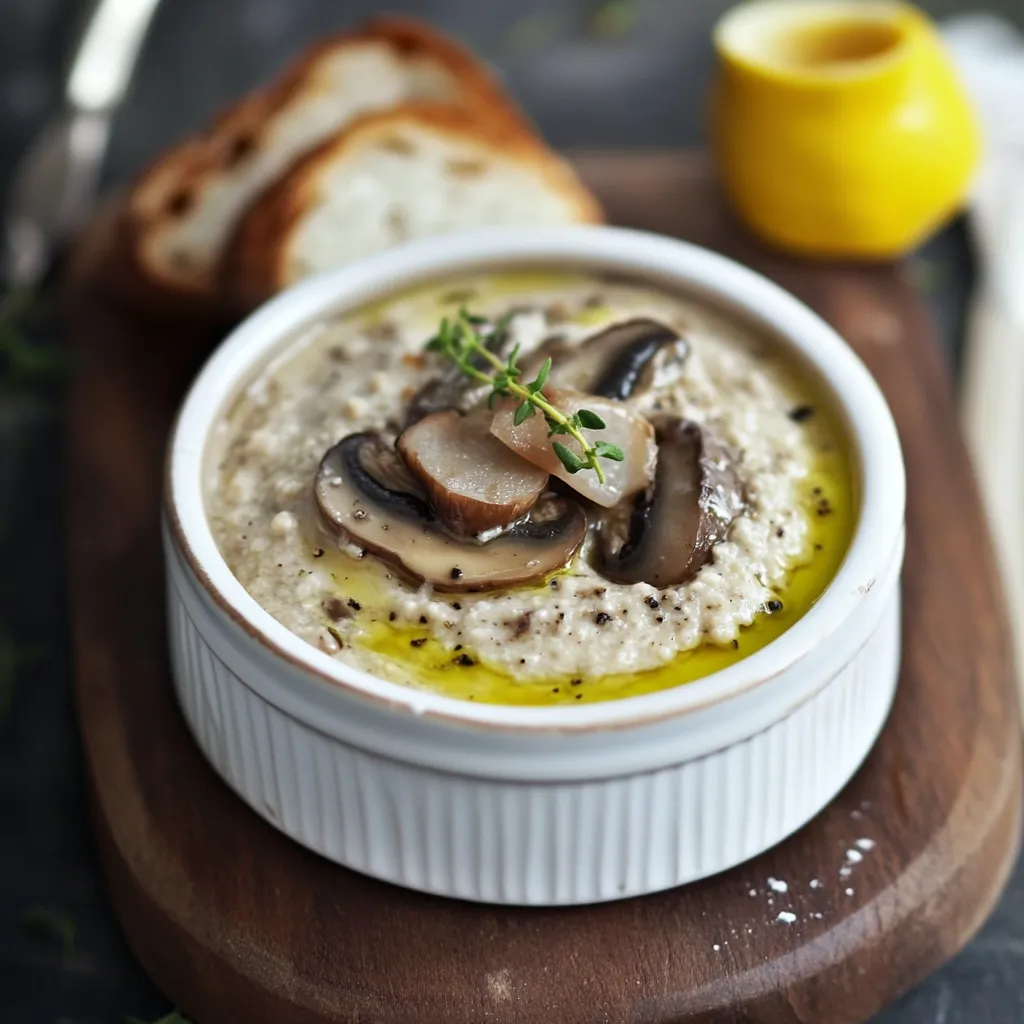 Un bol de champignons et une tranche de pain sur une table.