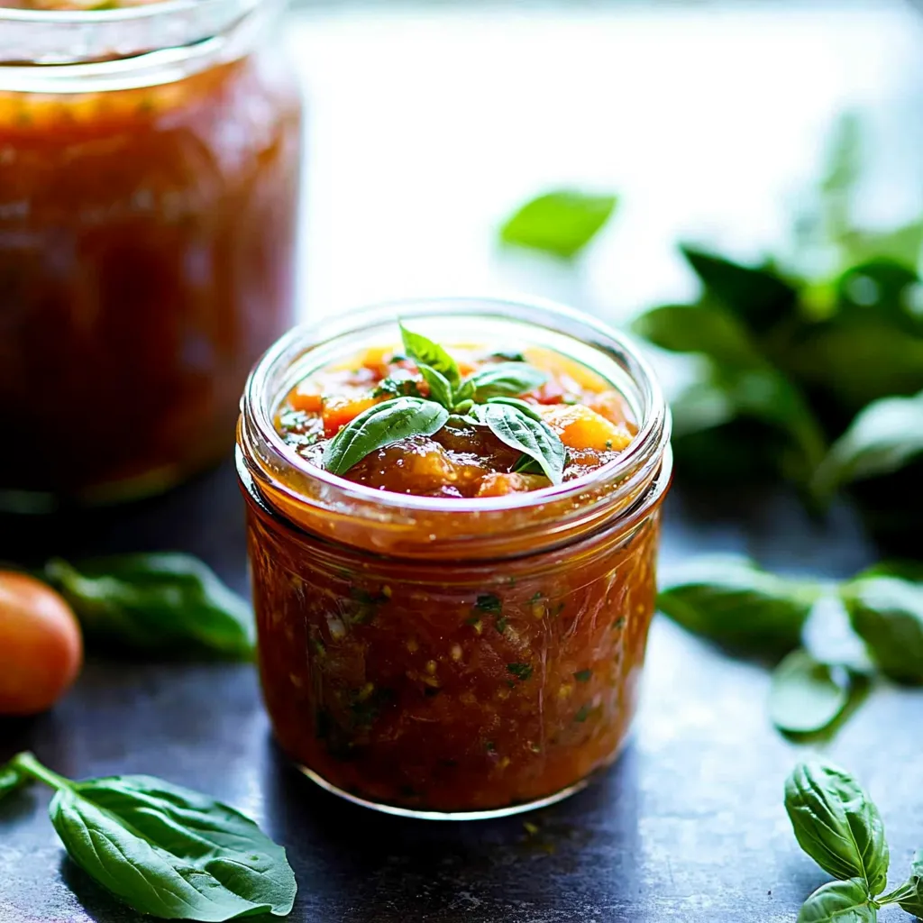 Un pot de confiture avec une feuille de basilic dessus.