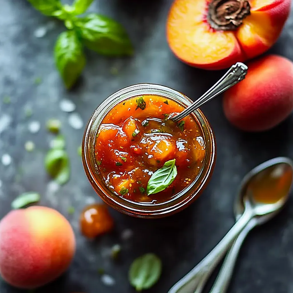 Un pot de confiture de pêches avec une cuillère dedans.