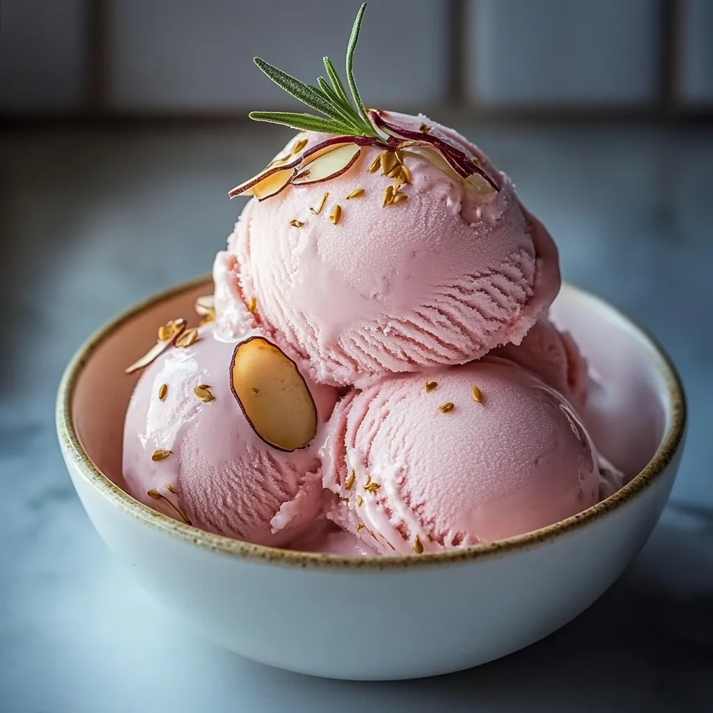 Une coupelle de glace rose, surmontée d'une amande.