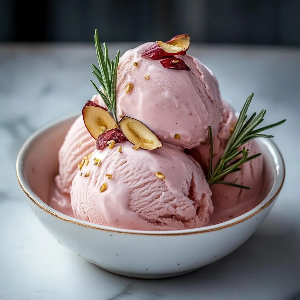 Bol de glace rose parsemé d’amandes.
