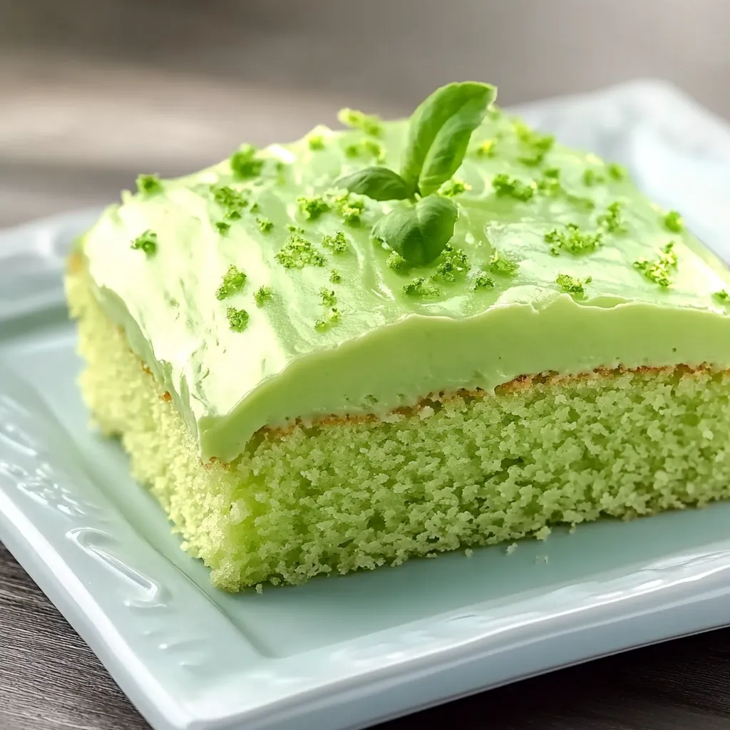 Part de gâteau vert surmontée de feuilles fraîches.