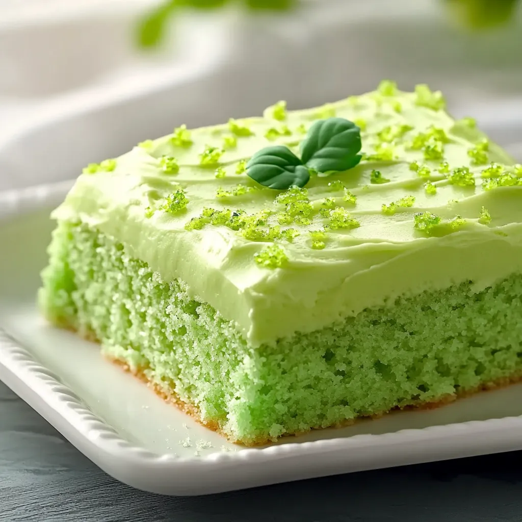 Part de gâteau vert avec une feuille dessus.