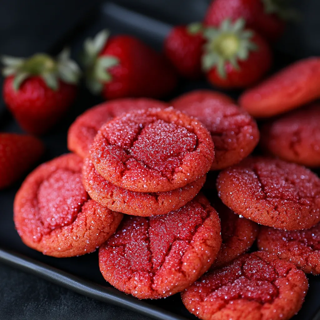 Une assiette de biscuits rouges glacés avec des fraises dessus.