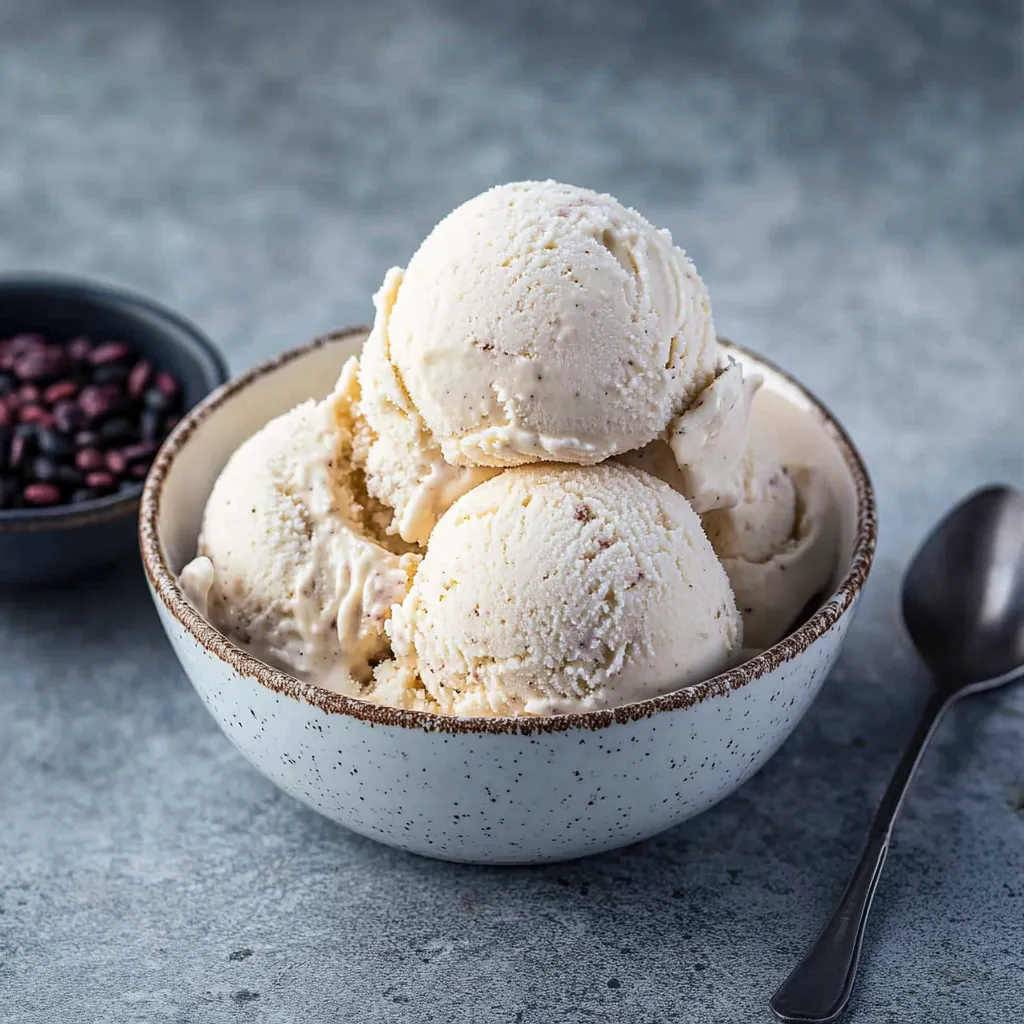 Un bol de glace et une cuillère juste à côté.