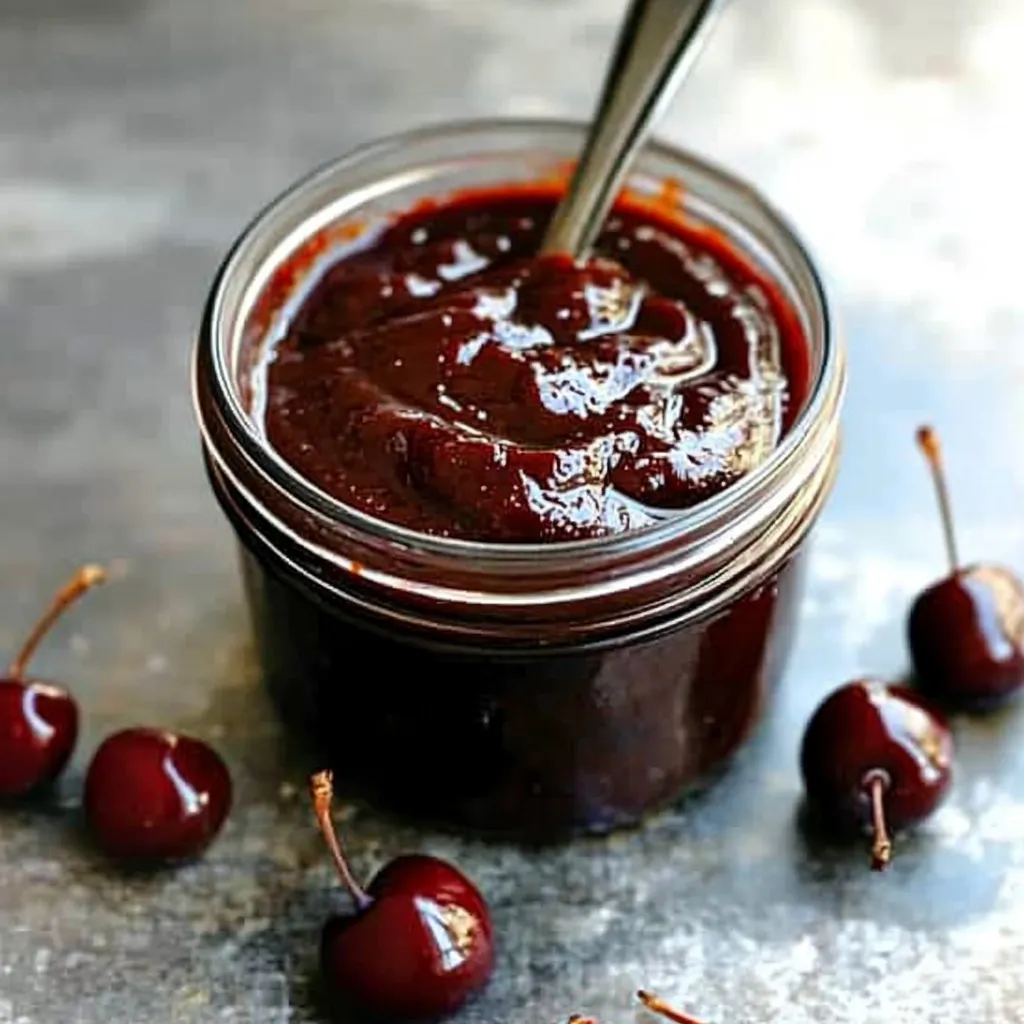 Un pot de sauce chocolat avec des cerises dessus.