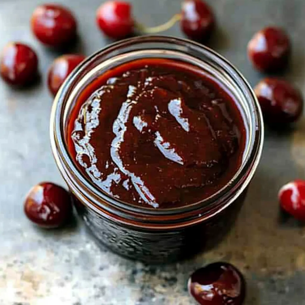 Un bocal de sauce chocolat avec des cerises posées dessus.