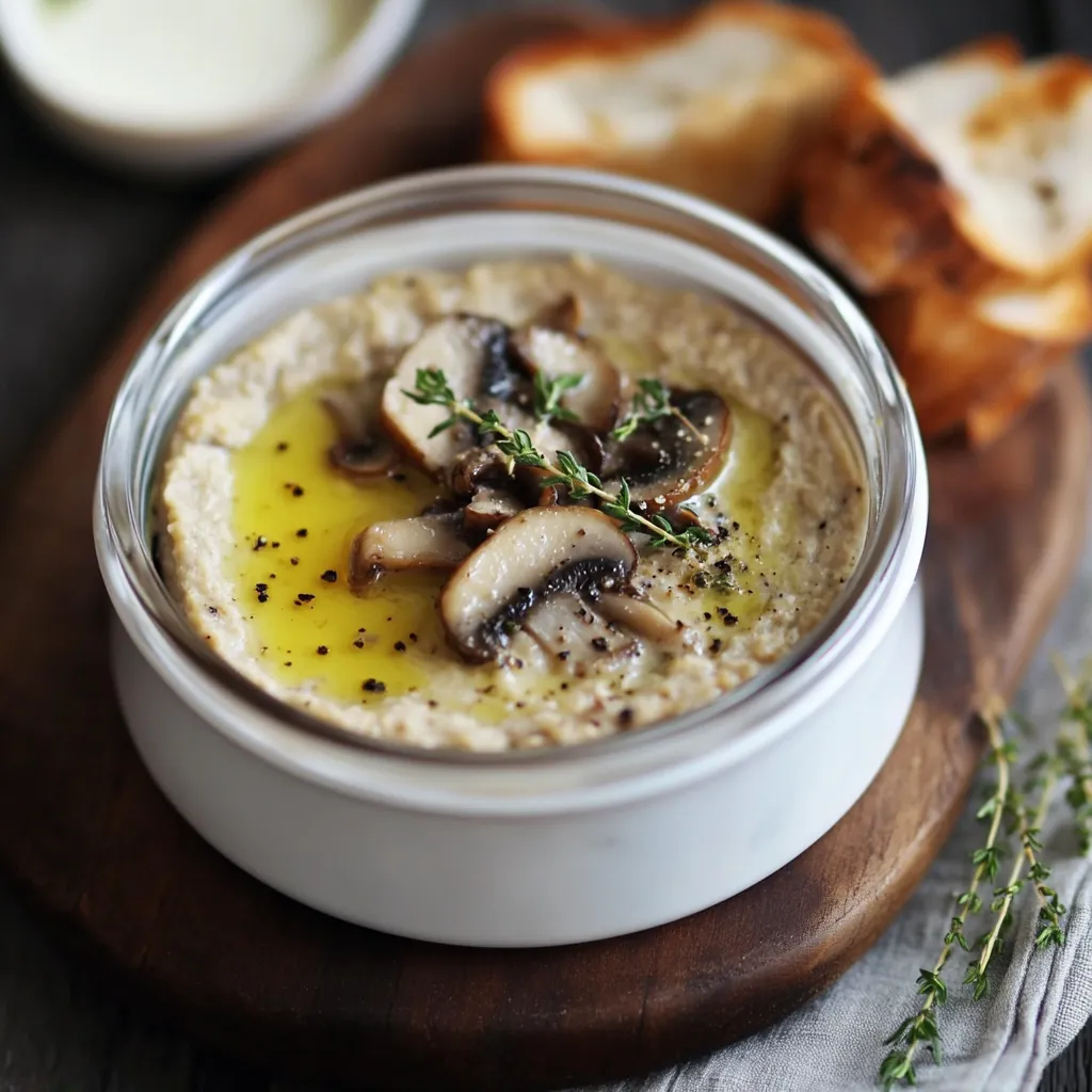 Un bol de soupe aux champignons accompagné d’une tranche de pain sur la table.