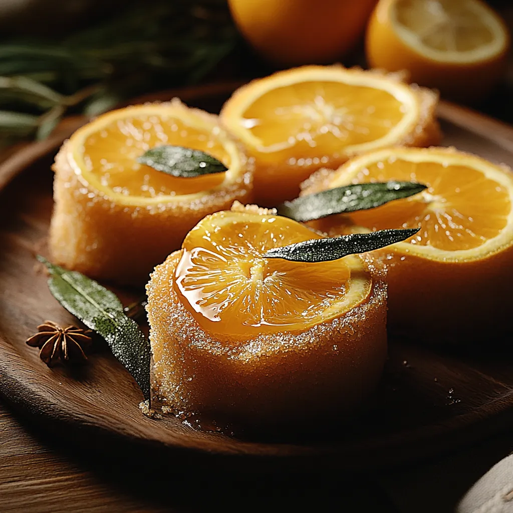 Une assiette de gâteau à l’orange décoré de tranches d’orange.