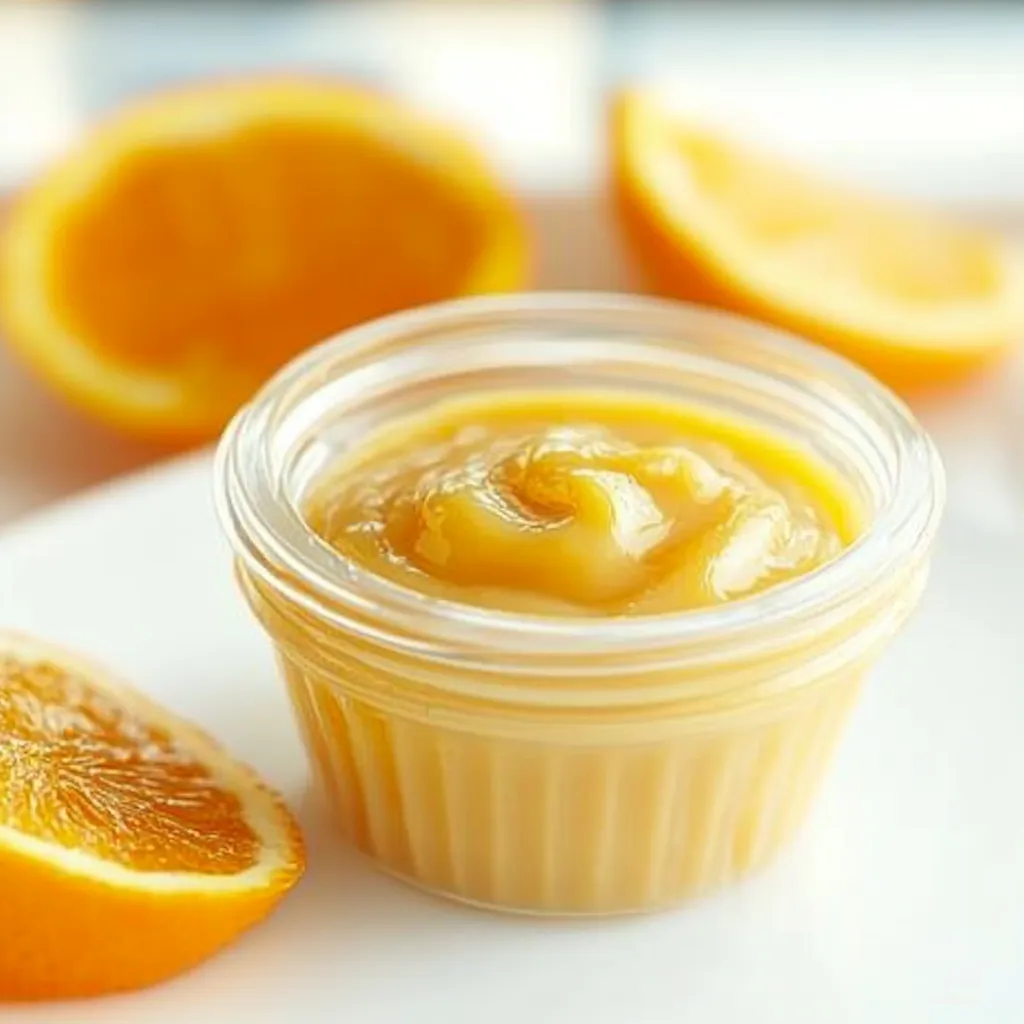 Une coupelle de sauce orange avec une tranche d’orange à côté.