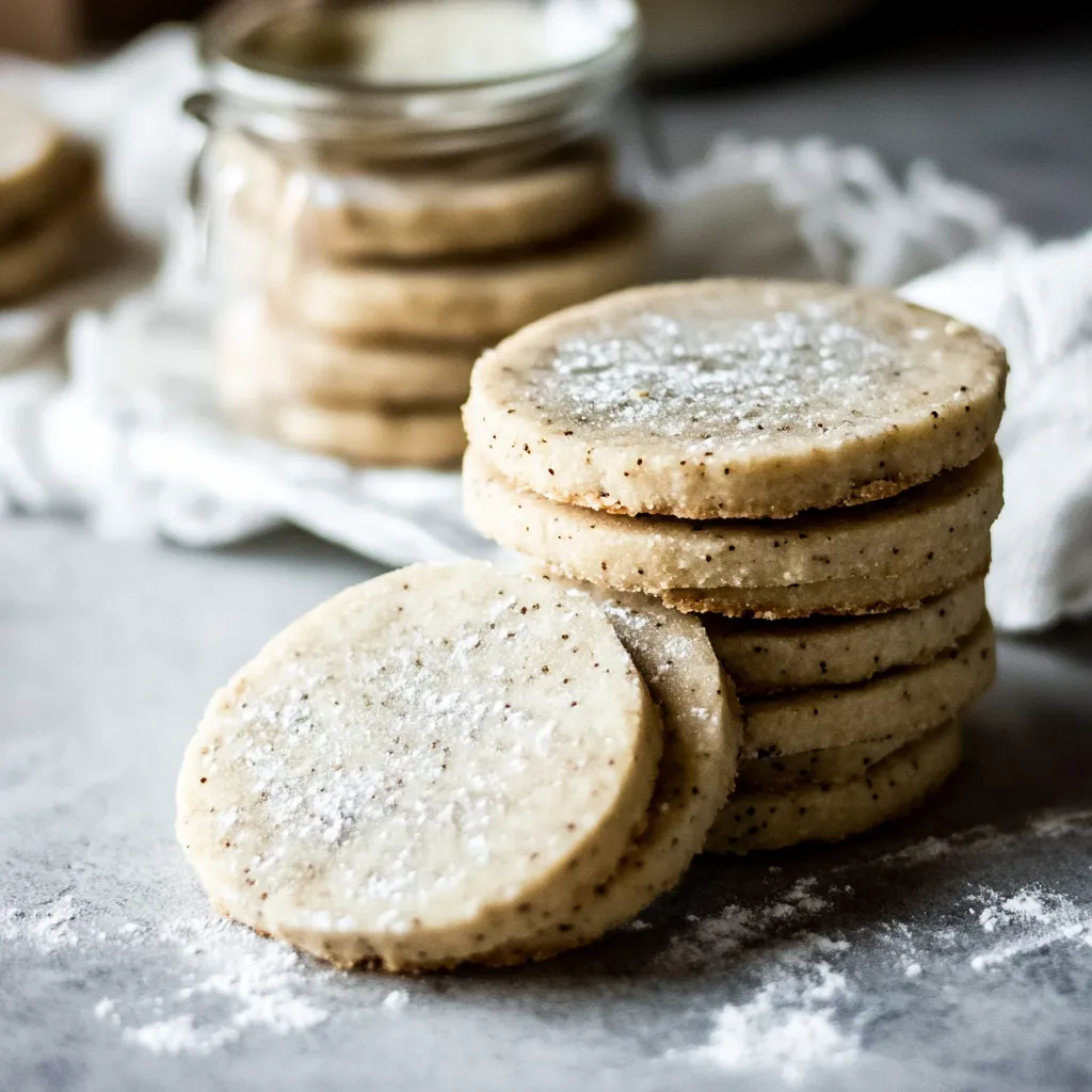 Des biscuits empilés, saupoudrés de sucre glace.
