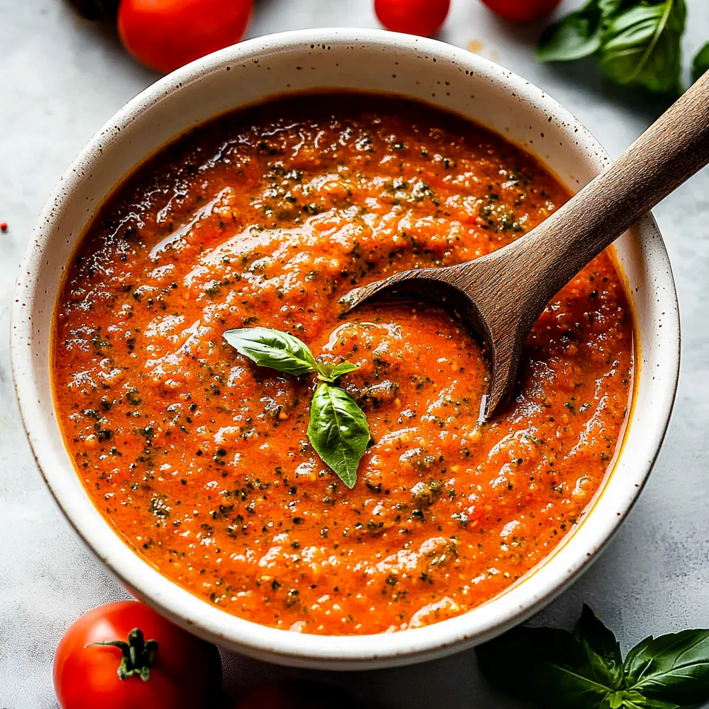 Un bol de sauce rouge avec une cuillère dedans.