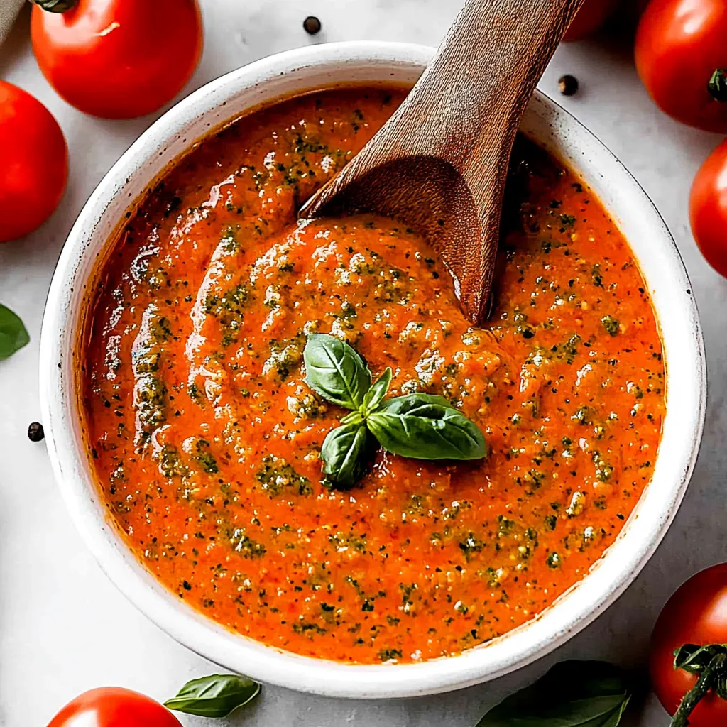 Un bol de sauce rouge avec une cuillère dedans.
