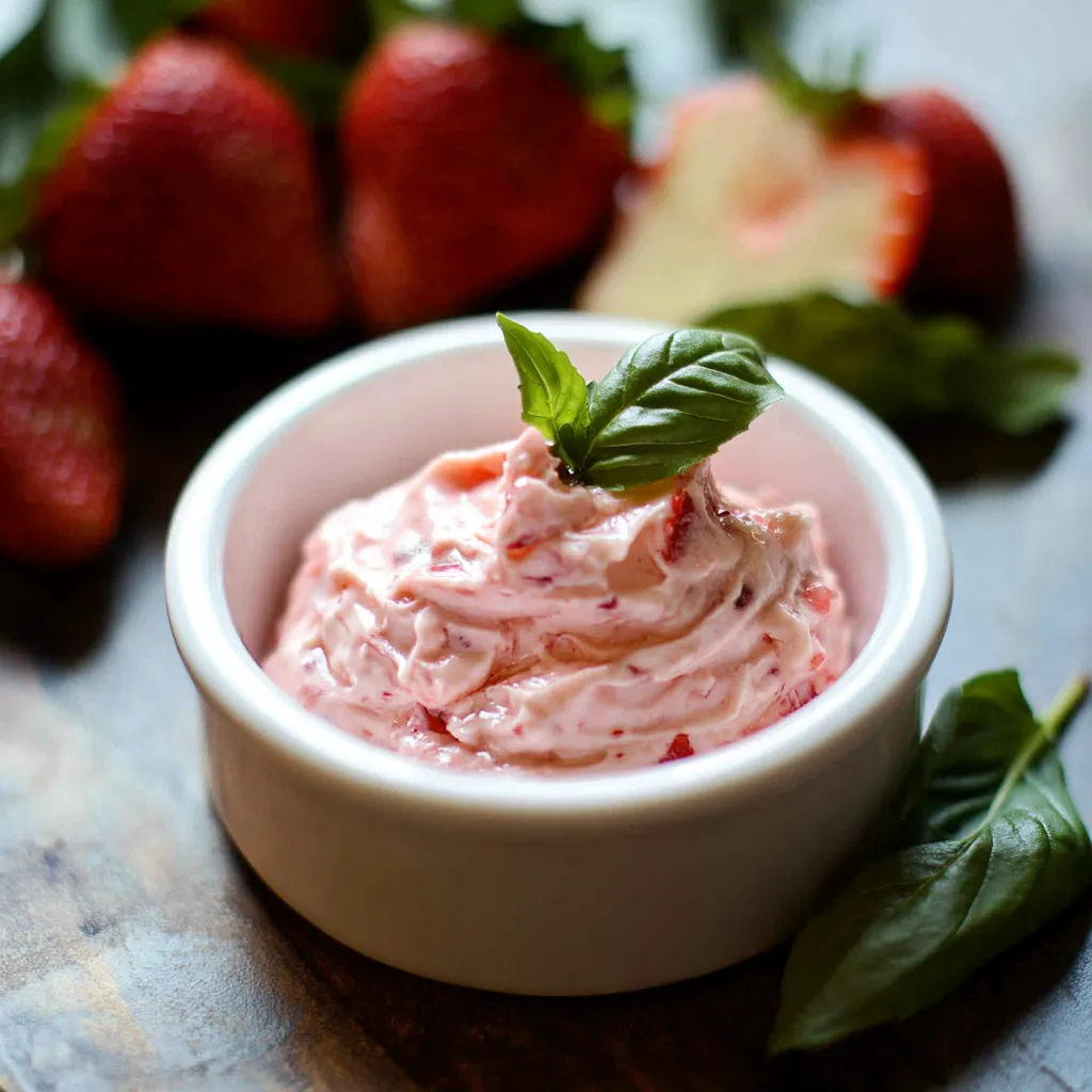 Un bol de confiture de fraises surmonté d'une feuille de basilic.