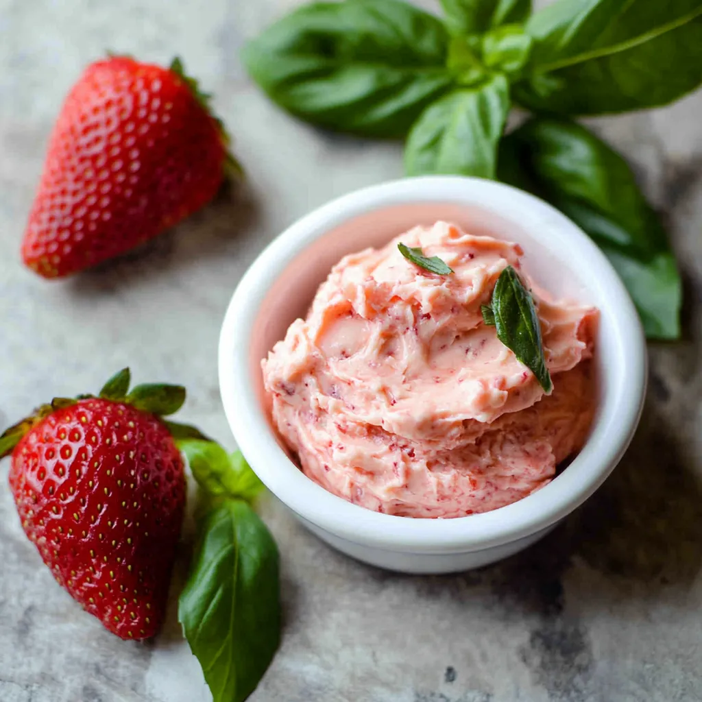 Un bol de confiture de fraises avec une fraise et une feuille de basilic à côté.