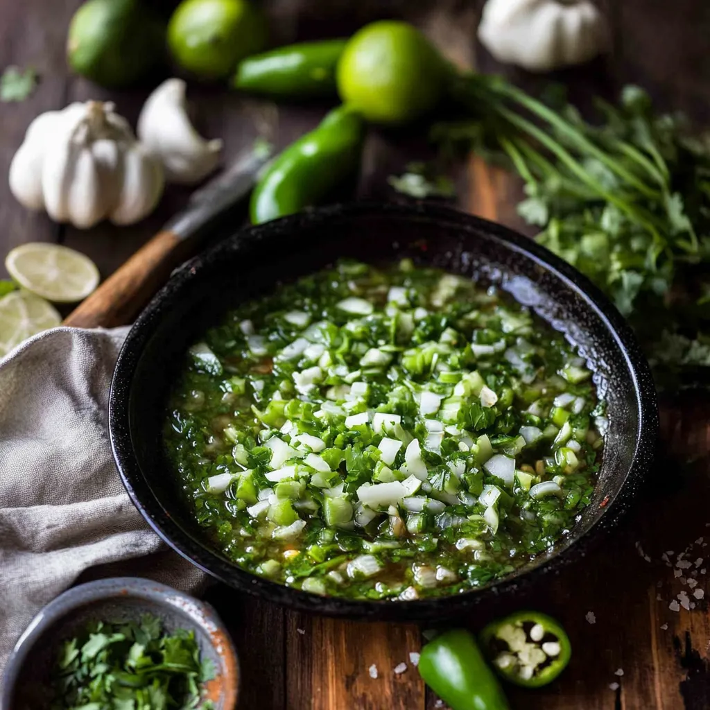 Un bol de sauce verte aux piments et oignons.