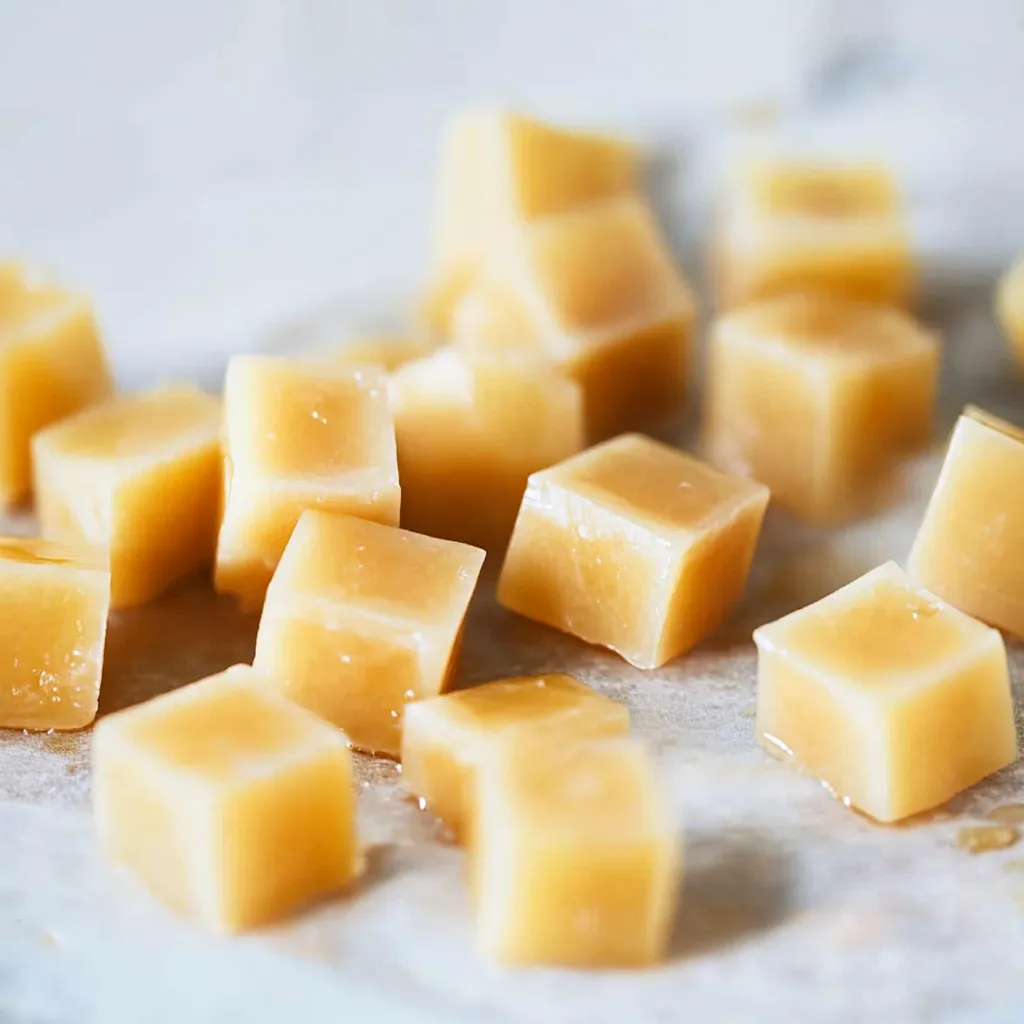 Une assiette blanche avec un carré de caramel.