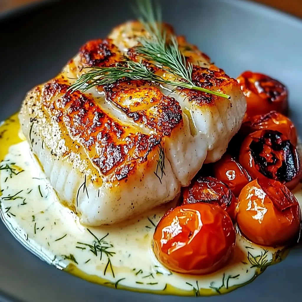 Une assiette avec poisson et tomates bien dorées.