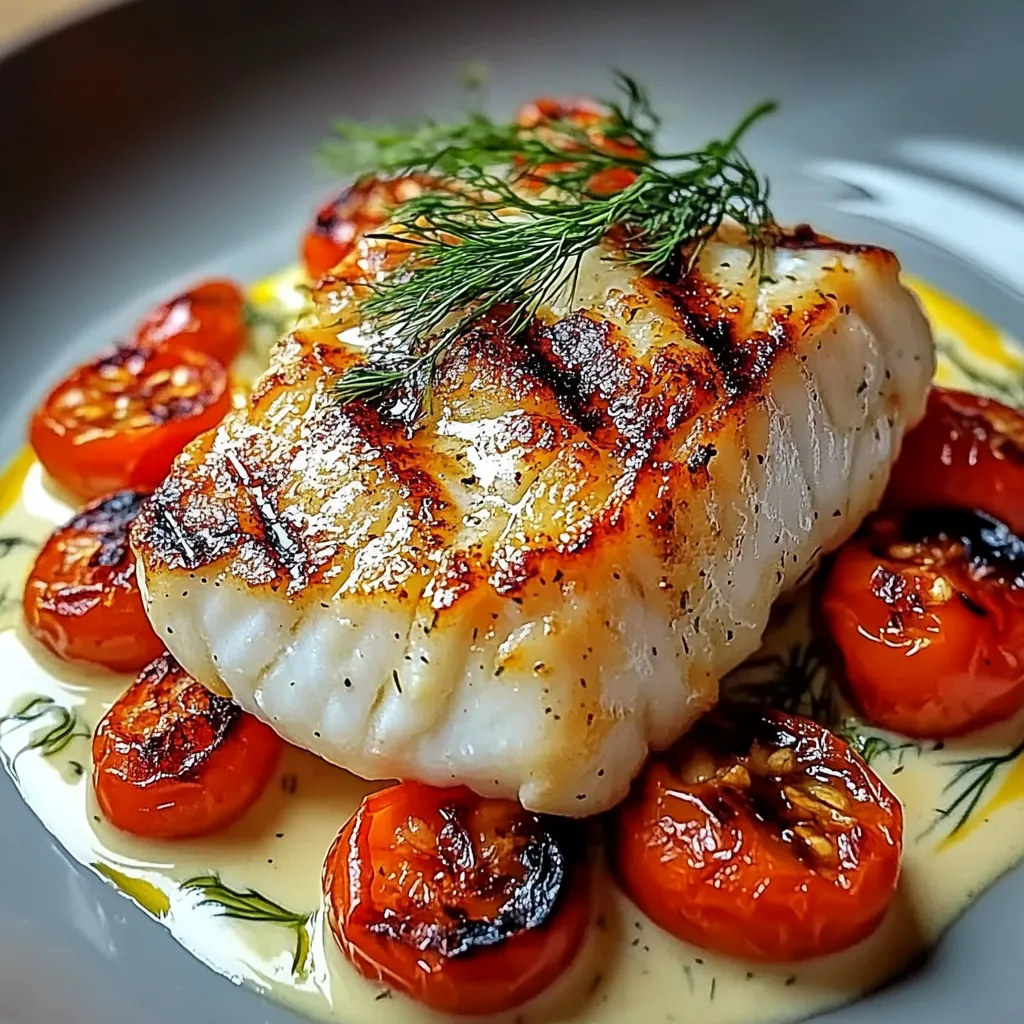 Une assiette avec poisson et tomates bien dorées.