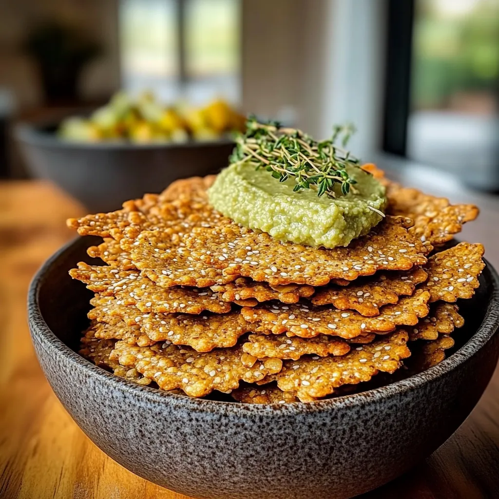 Un bol de crackers recouvert d’une sauce verte.