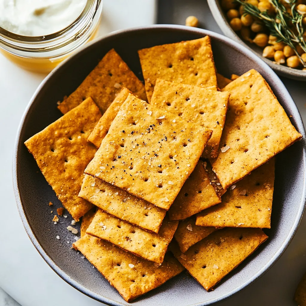 Une assiette de crackers avec un bol de pois chiches en arrière-plan.
