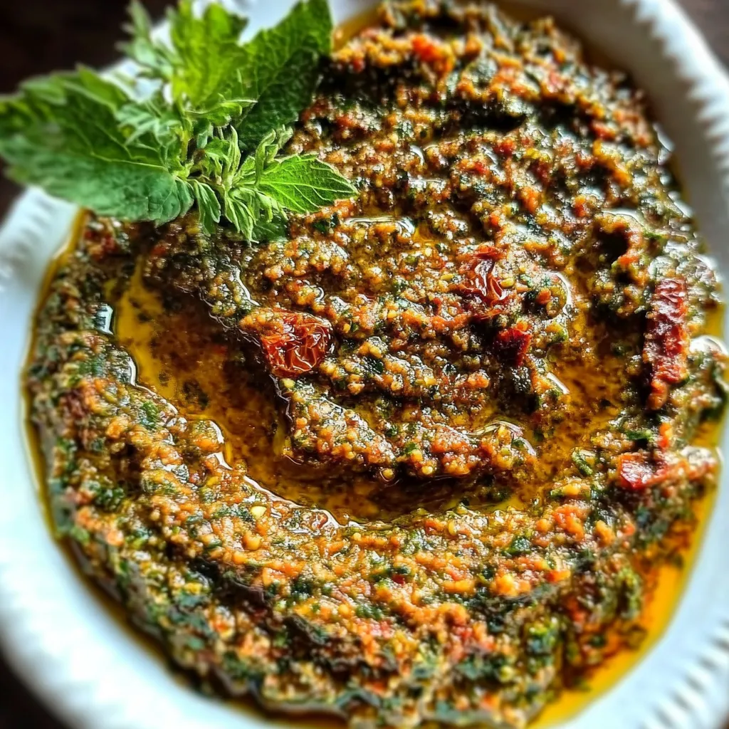 Un bol de sauce rouge avec une touche de vert dessus.