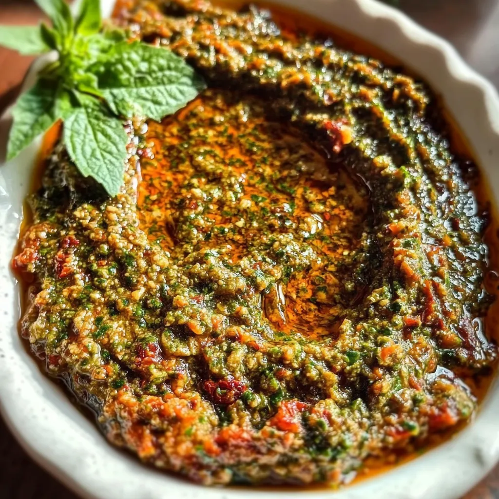 Un bol de sauce rouge avec des herbes vertes.