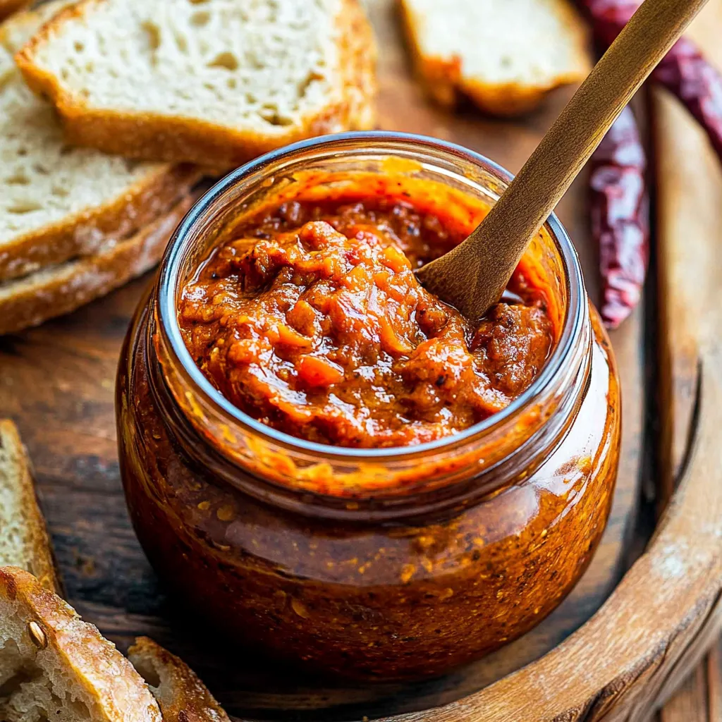 Un pot de sauce rouge avec une cuillère en bois dedans.