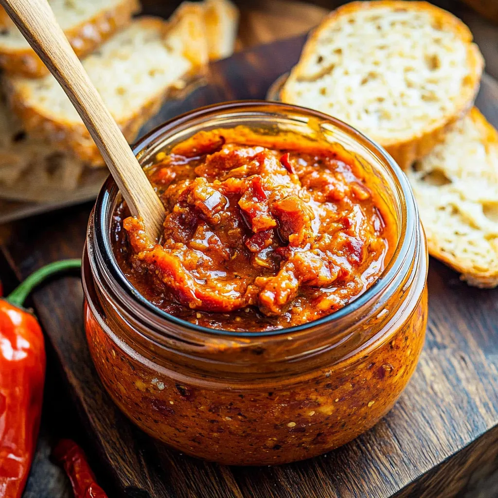 Un bocal de sauce rouge sur une table en bois.