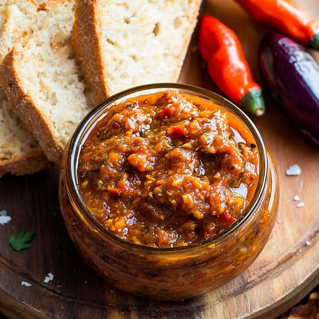 Un bocal en verre de sauce aux poivrons rouges.