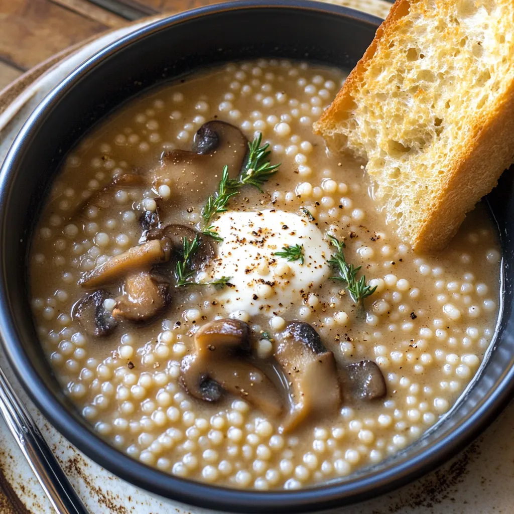 Un bol de soupe aux champignons accompagné de pain.