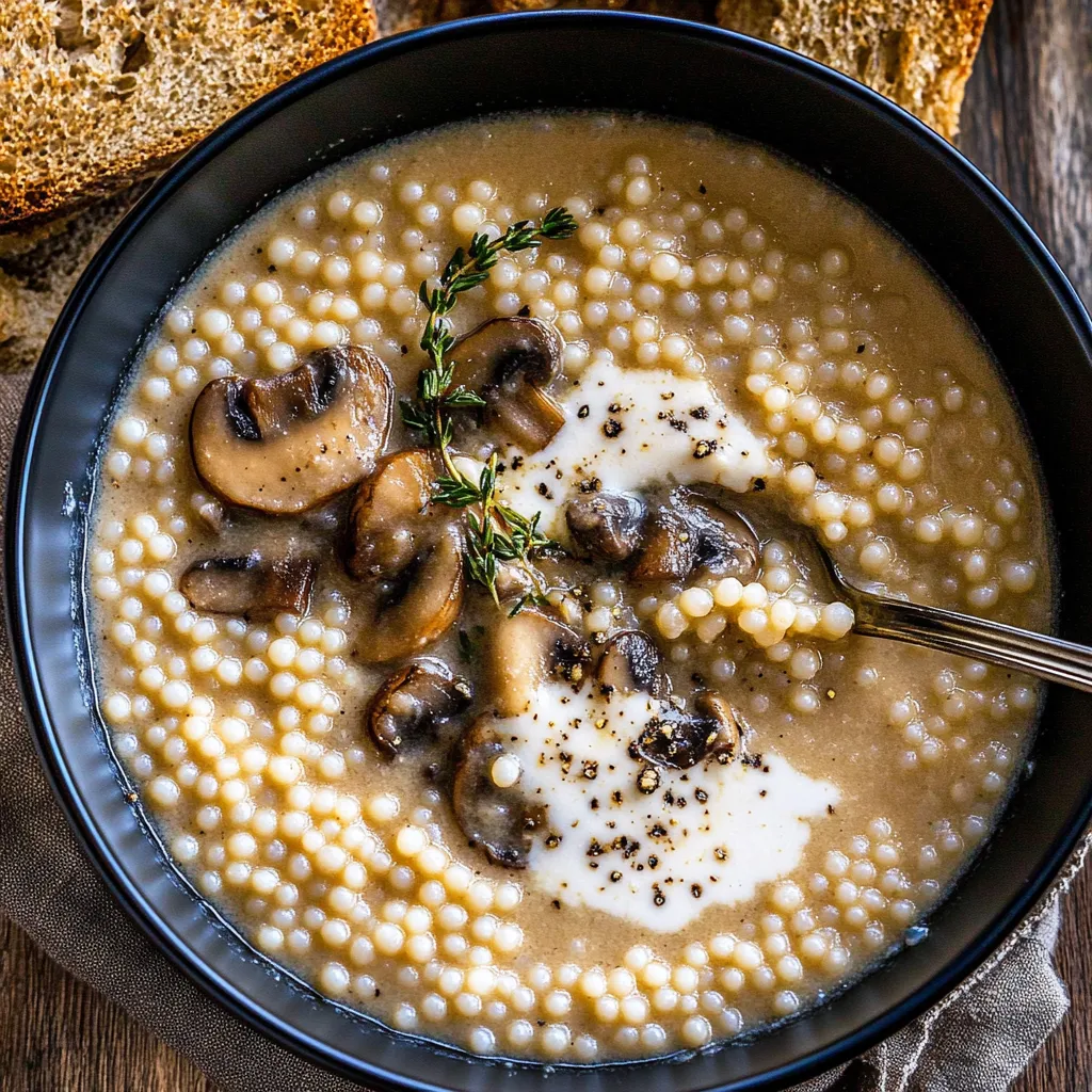 Un bol de soupe aux champignons et herbes.