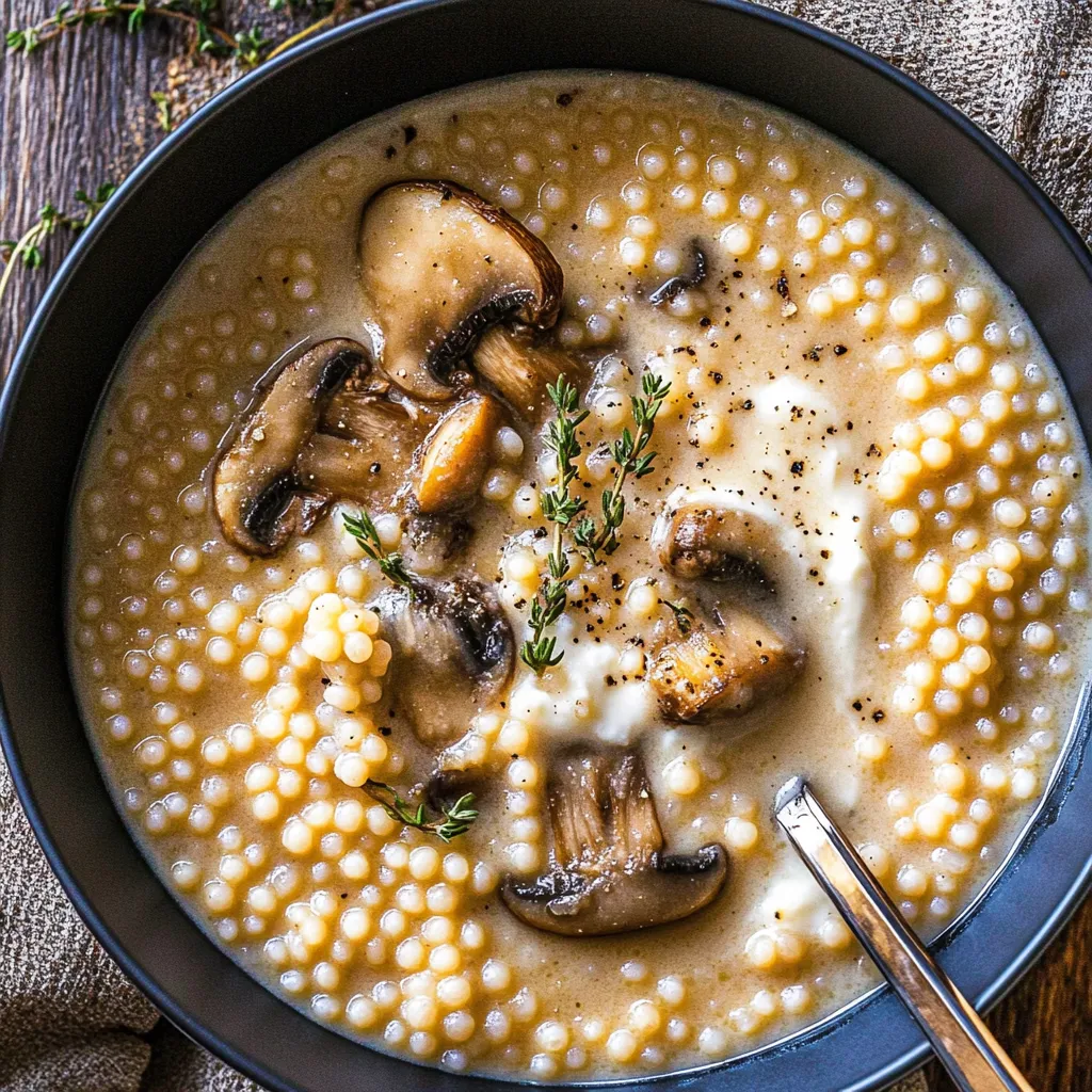 Un bol de soupe avec champignons et pâtes.