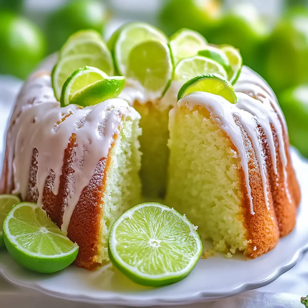 Une tranche de gâteau surmontée de quartiers de citron vert.