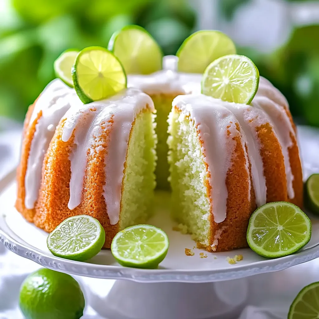 Une part de gâteau avec des citrons verts dessus.