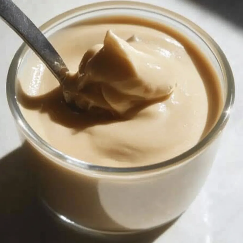 Une cuillère dans une tasse de crème.