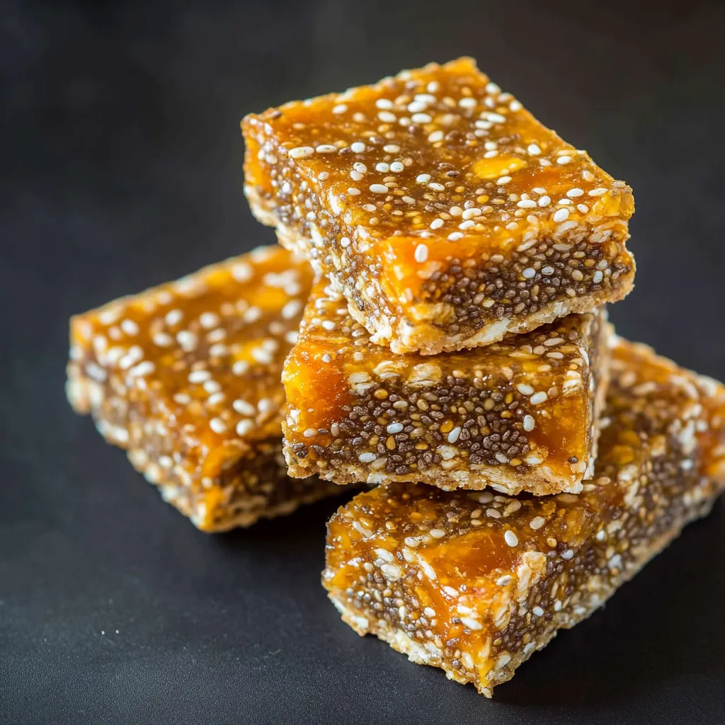 Des barres moelleuses marron et orange empilées.