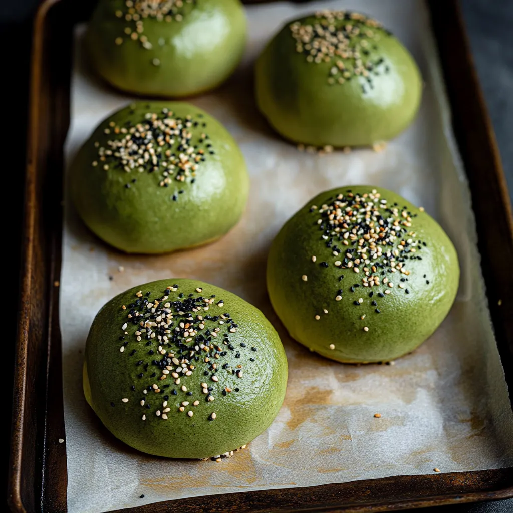 Une plaque de petits pains verts parsemés de graines noires.