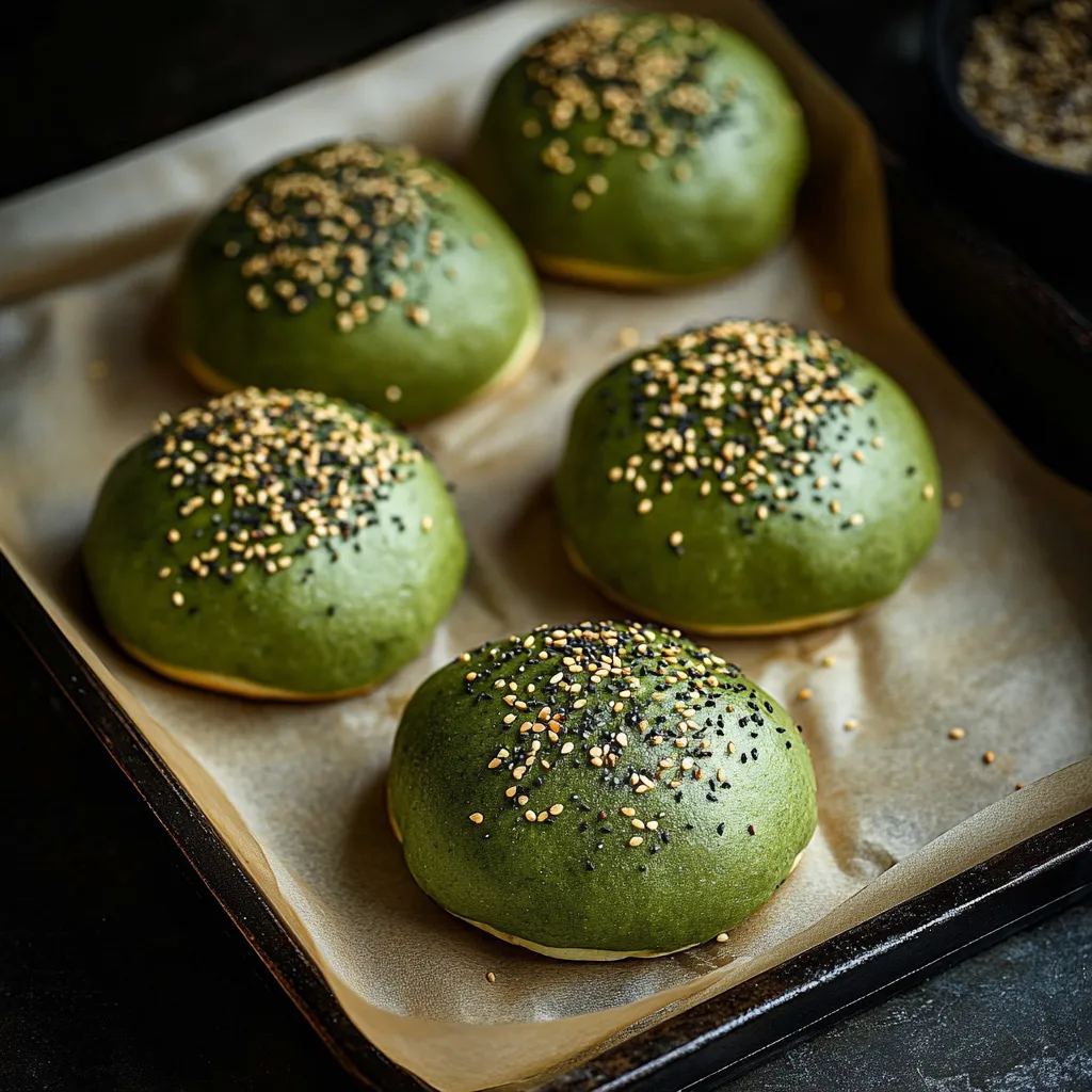 Un plateau de petits pains verts aux graines.