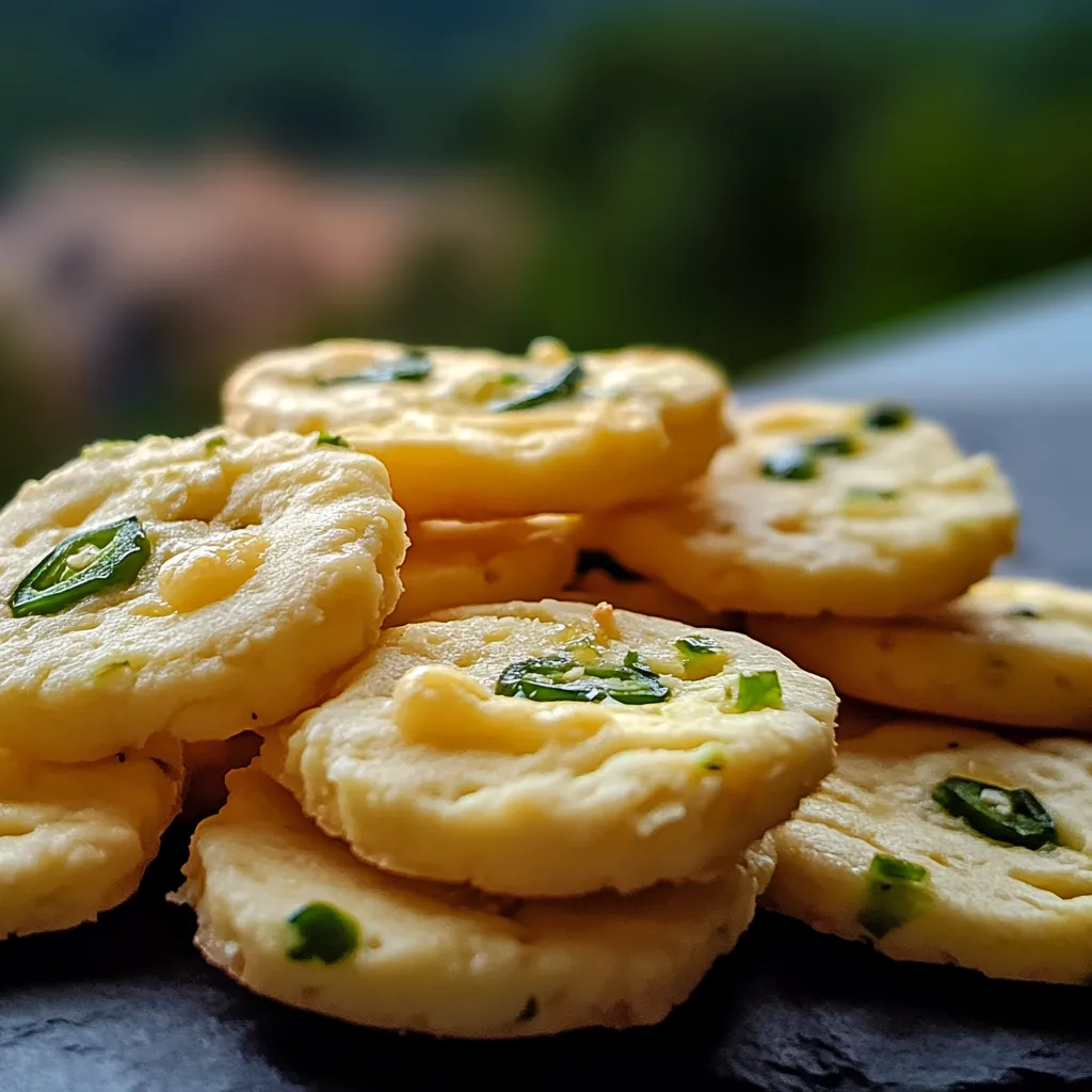Un tas de biscuits ronds, jaune et vert, bien dorés.