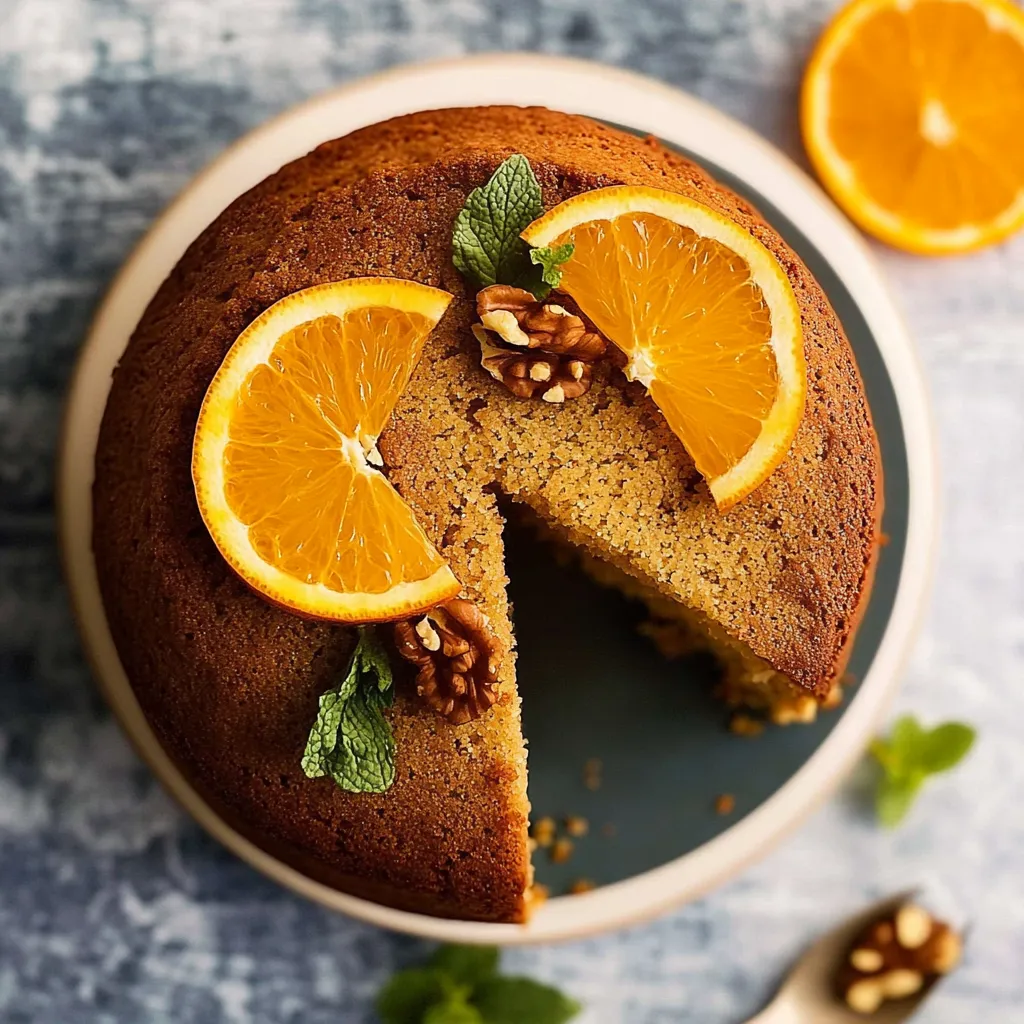 Une part de gâteau ornée de tranches d’orange.