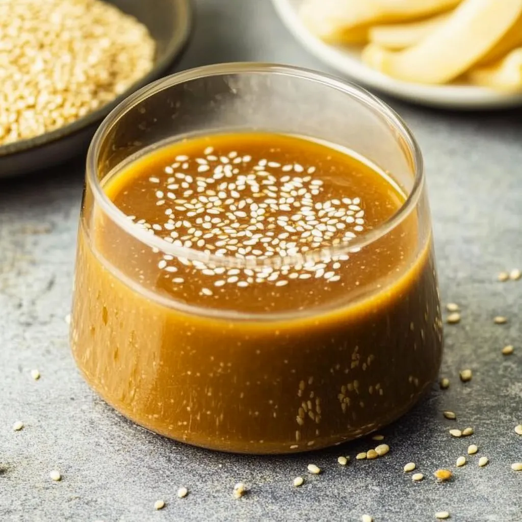Un verre de sauce au sésame posé sur une table.