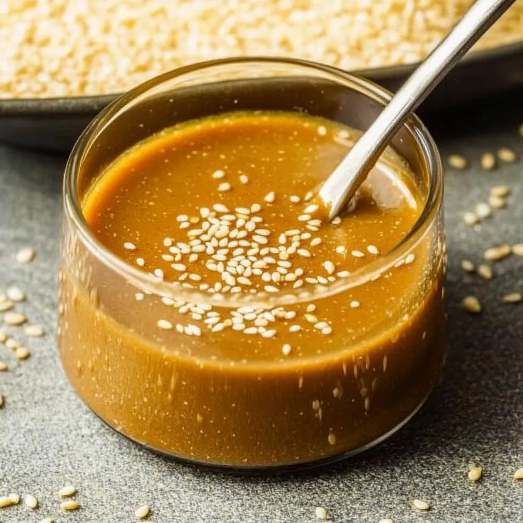 Un verre de sauce avec une cuillère dedans.