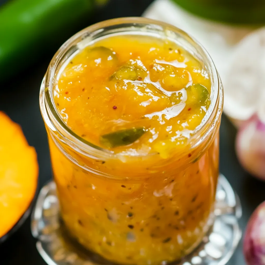 Un pot de sauce orange avec des morceaux de piment vert dedans.