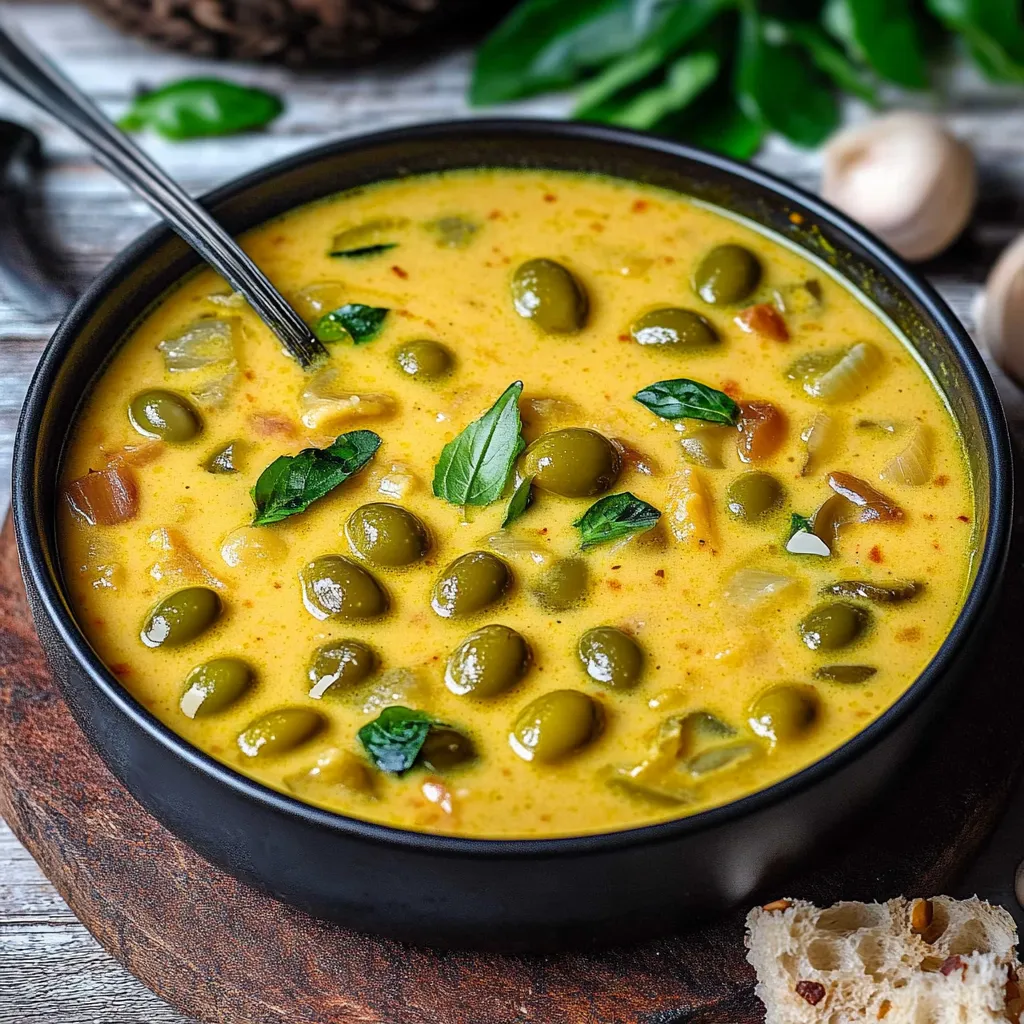 Un bol de soupe avec des légumes verts et une cuillère.