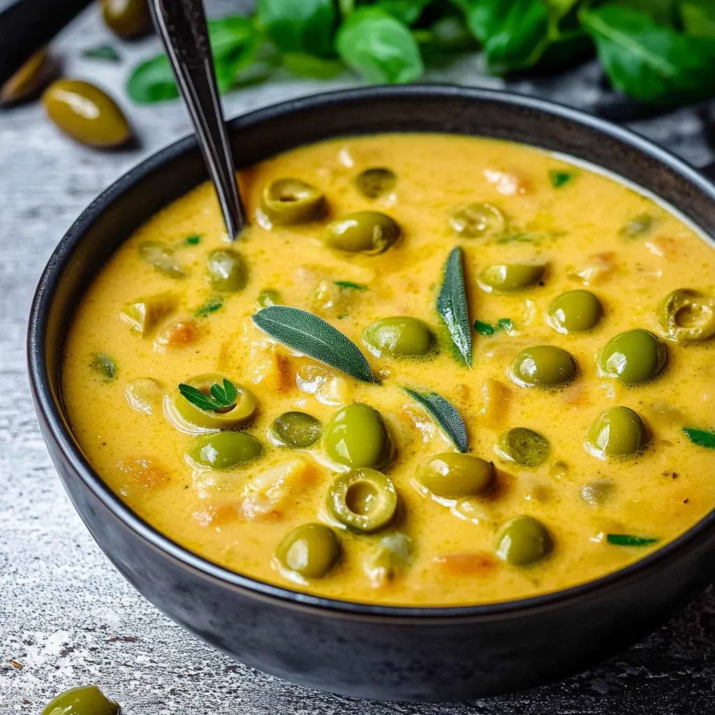 Un bol garni d'une soupe aux olives vertes et une cuillère.