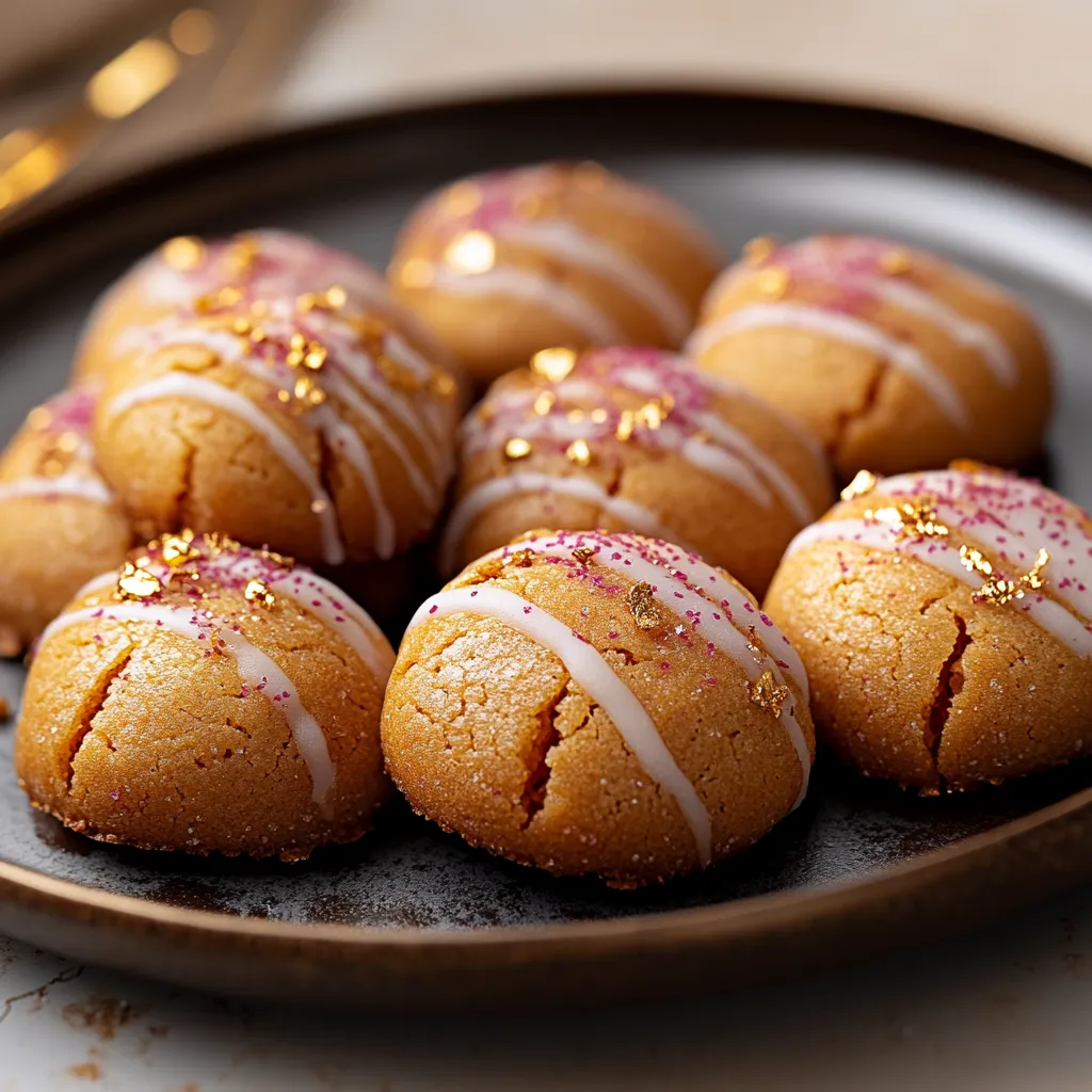 Une assiette de cookies décorés de paillettes dorées.