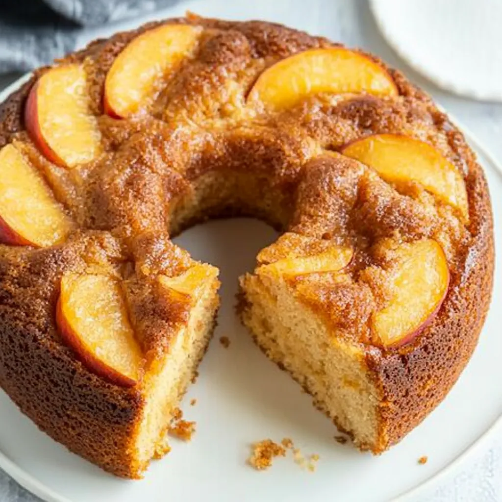 Une part de gâteau à la pêche sur une assiette.